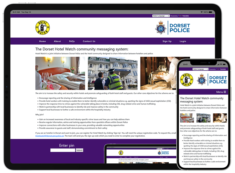 Dorset Hotel Watch viewed from mobile devices